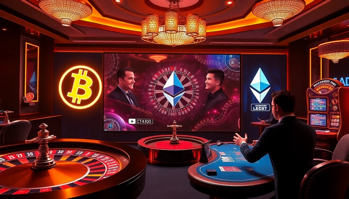Scène captivante d'un casino crypto présentant des jeux variés, des symboles Bitcoin et des interactions avec un croupier en direct.
