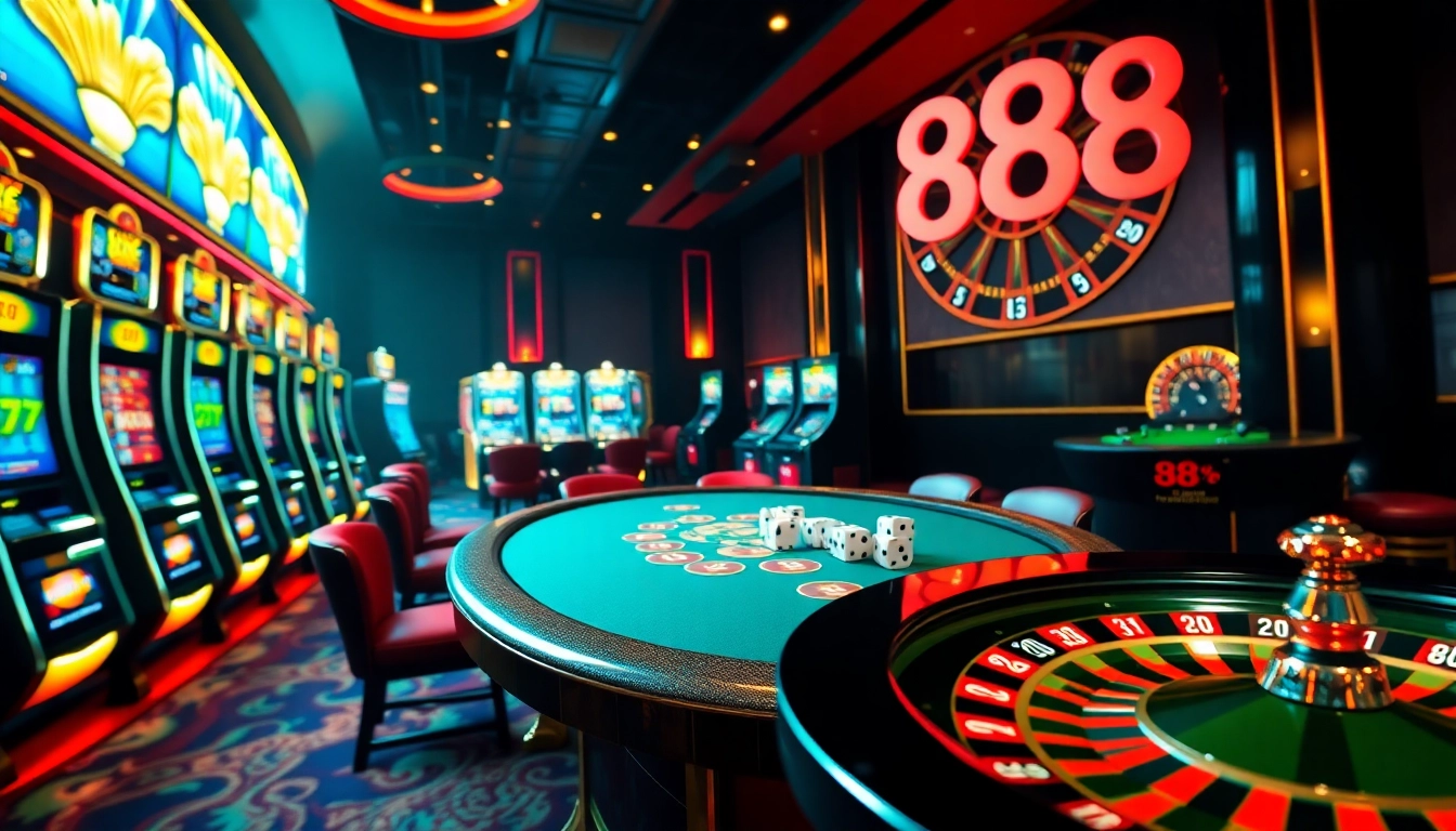 Playing thrilling casino games at u 888 with vibrant slot machines and poker tables.