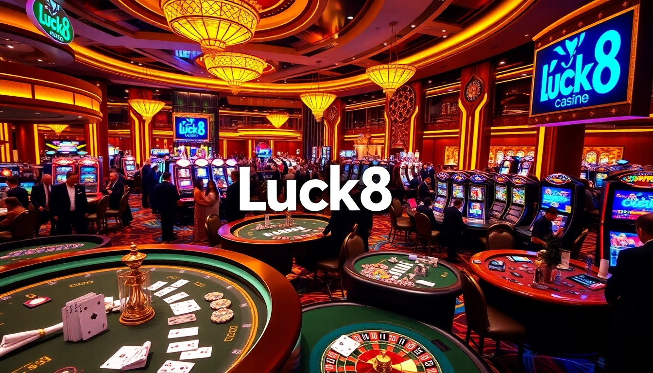 Luck8 casino scene showcasing tables with excited players and vibrant slot machines.