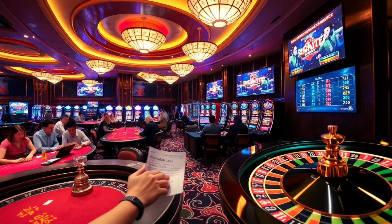 Engaged players experiencing the excitement of keonhacai5 in a lavish casino environment filled with bright lights and betting action.