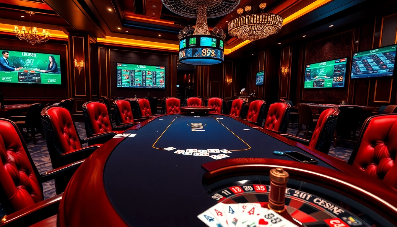 Players engaged in a high-stakes poker game at UU88, showcasing vibrant chips and cards.