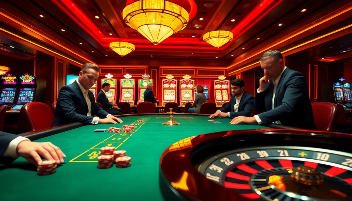 Fly88 casino scene with players engaging at a poker table and vibrant slot machines.