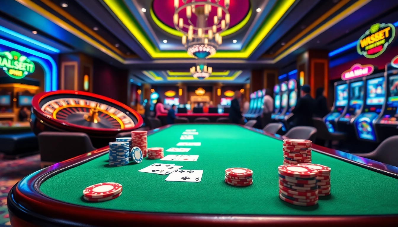 Experience the thrill of gaming at i9bet with vibrant scenes of poker, roulette, and slot machines.