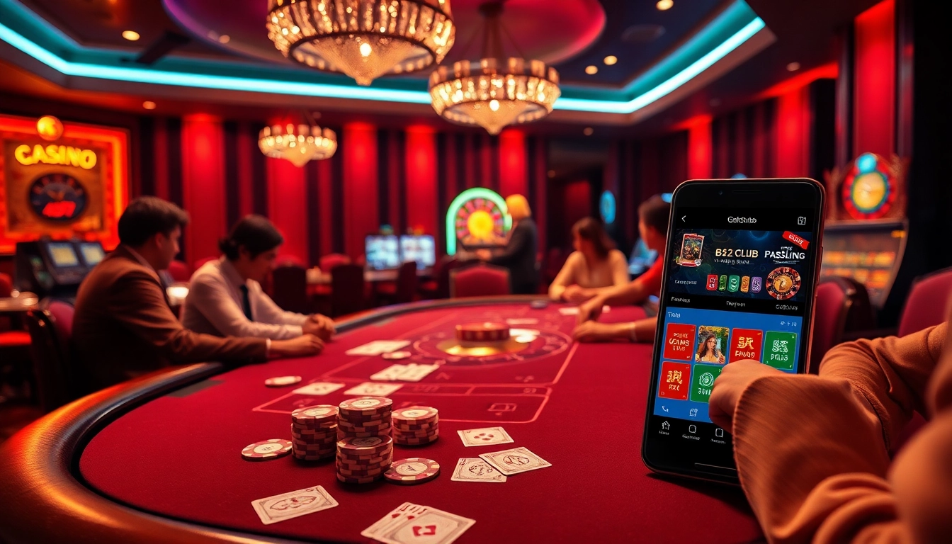 The vibrant casino scene at https://b52club.forum/ showcases high-stakes poker action, colorful chips, and intense players.