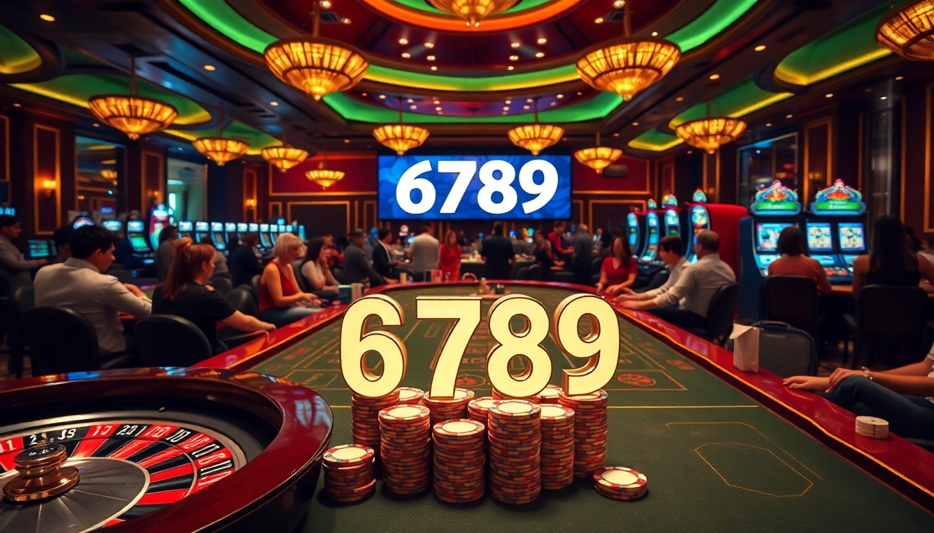 Engaging casino scene with players at poker tables and roulette, featuring 6789 for a thrilling gambling atmosphere.