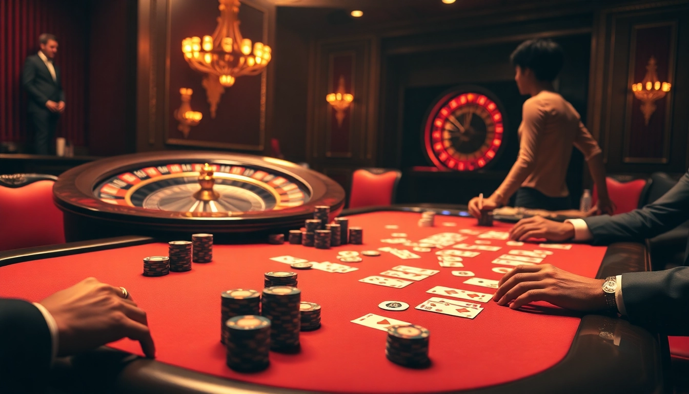 Nohu casino with players engaged in a high-stakes poker game, showcasing chips and cards.