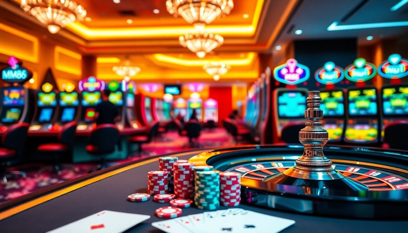 Experience the excitement of MM88 with vibrant casino tables and slot machines.