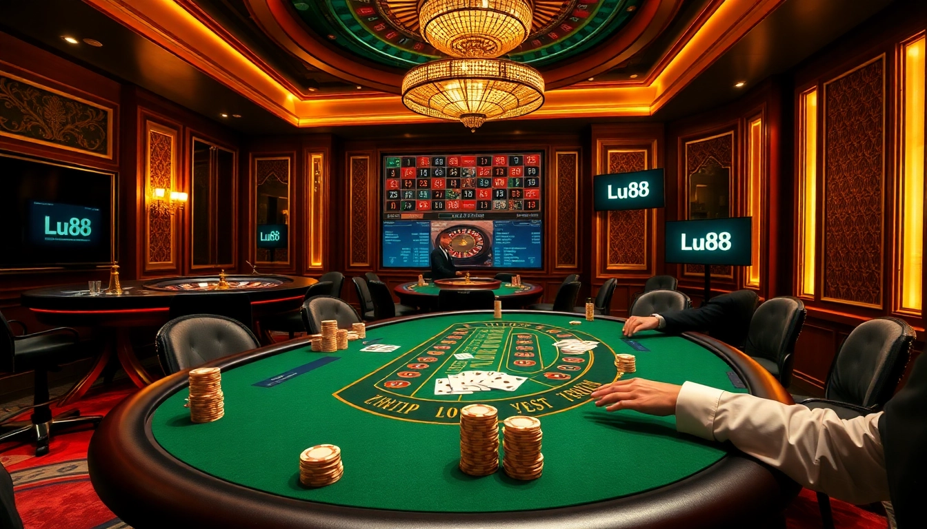 Experience high-stakes gaming at Lu88 with a vibrant casino atmosphere, poker chips, and engaging players.