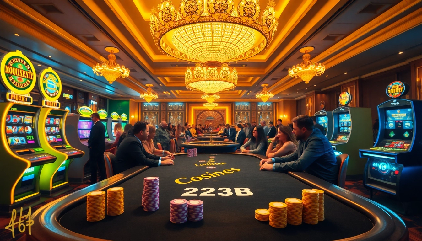 Players strategize at a luxury poker table in a casino showcasing 123B branding.
