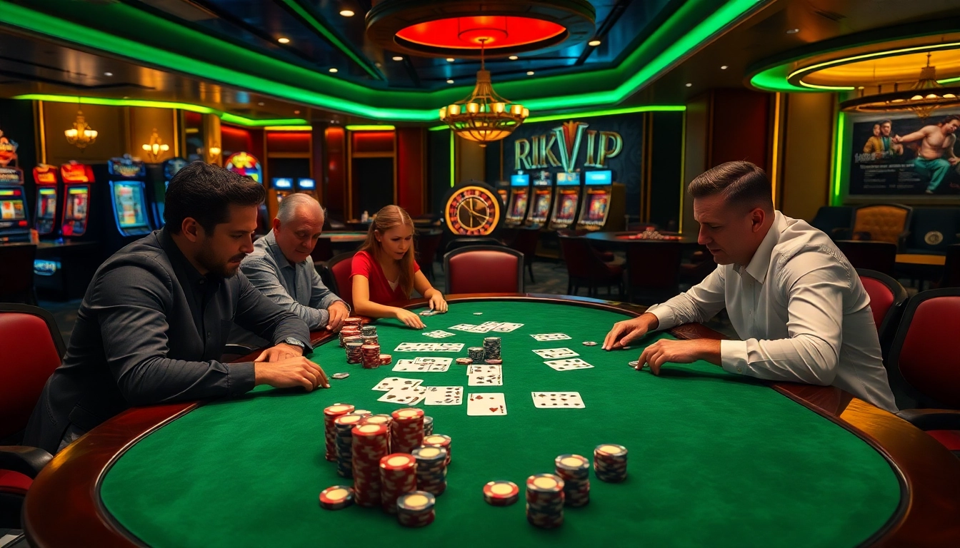 Players engaging in a heated poker game at a luxurious casino, showcasing the excitement of rikvip.