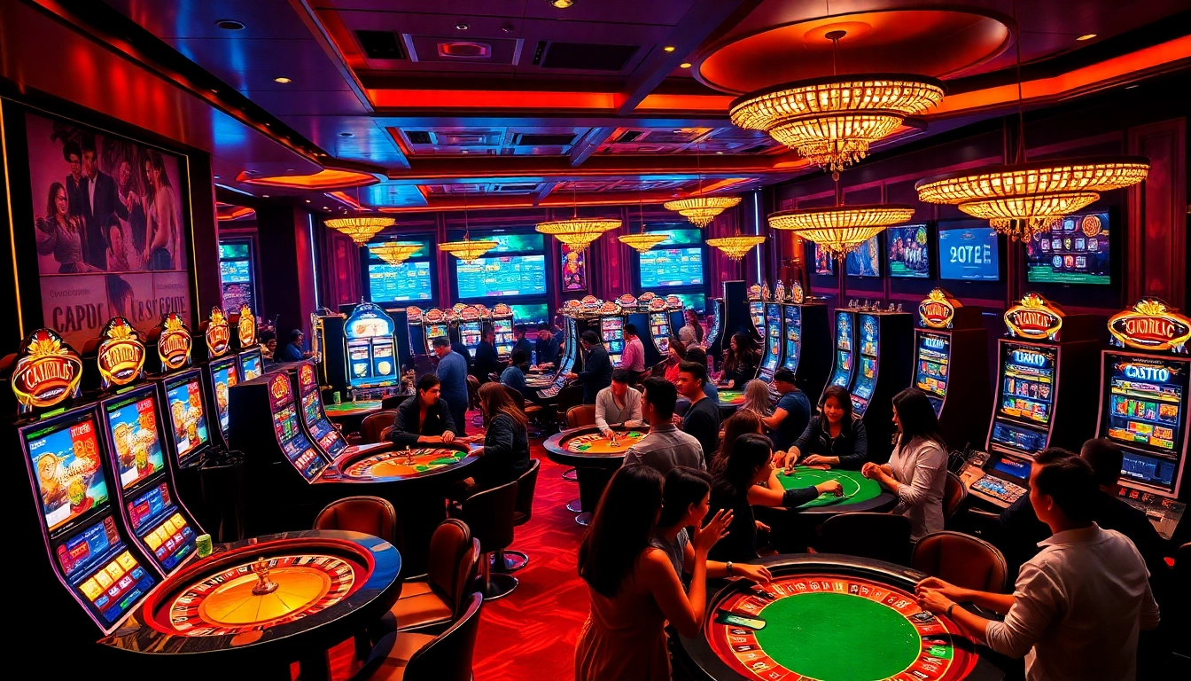 Excited players enjoying gaming at LUCK8.COM casino with vibrant slot machines and poker tables.
