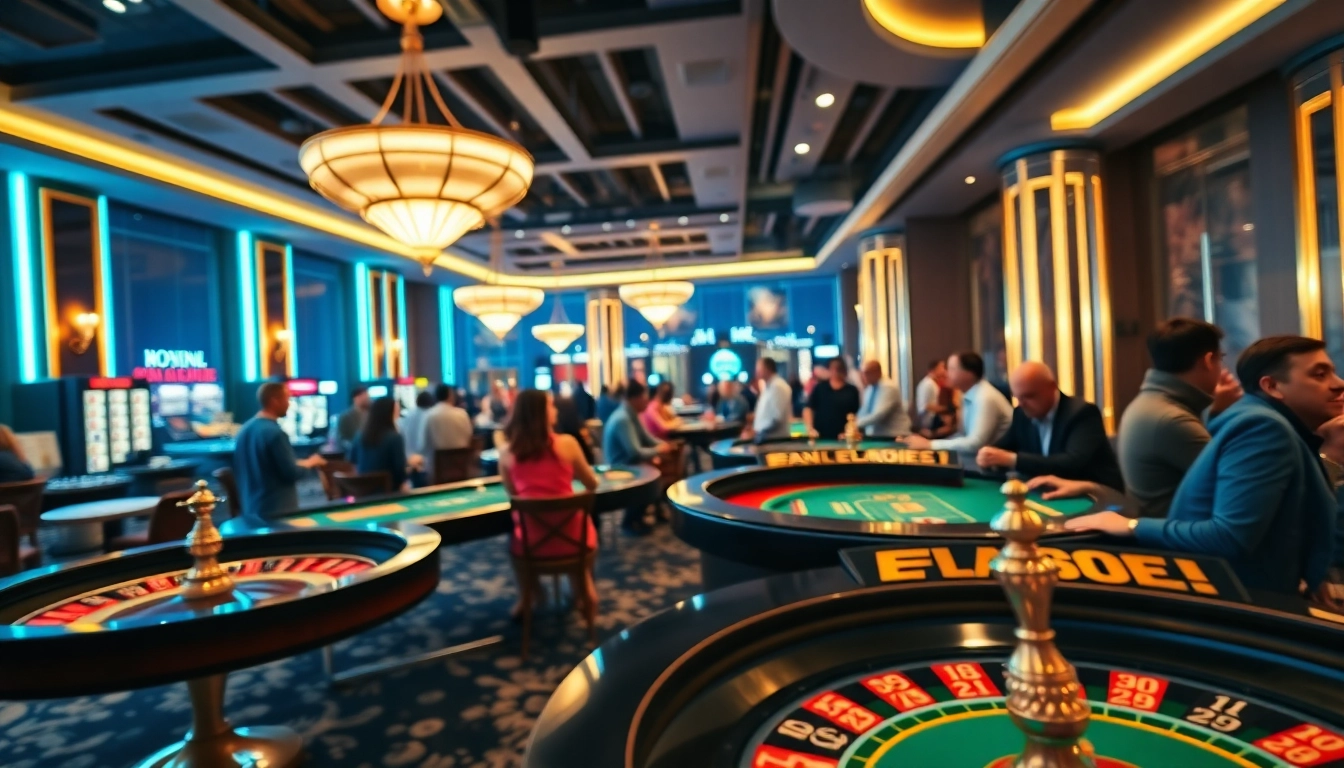 Vibrant atmosphere in a casino en ligne with players enjoying various games and neon lights.