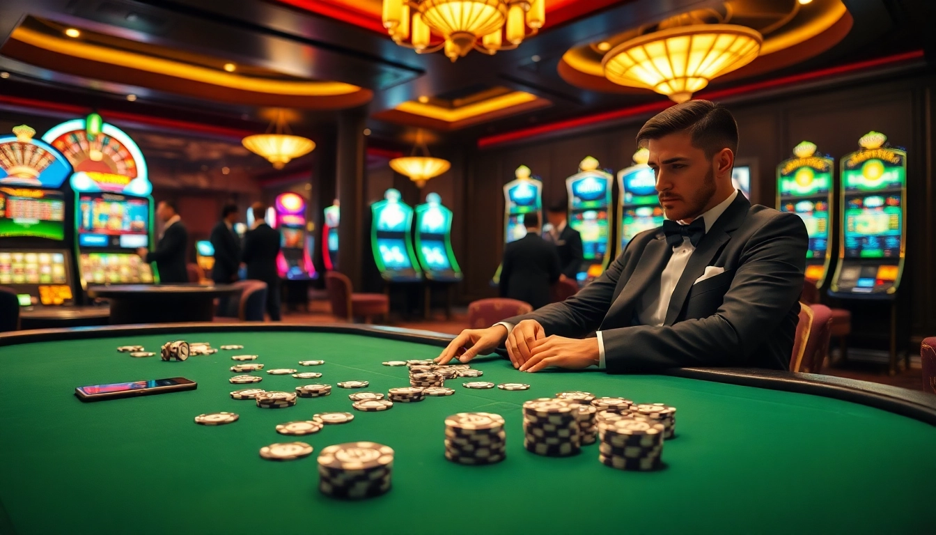 Engaging casino scene with poker table and roulette wheel highlighting https://five88sss.com/ exciting gambling experience.
