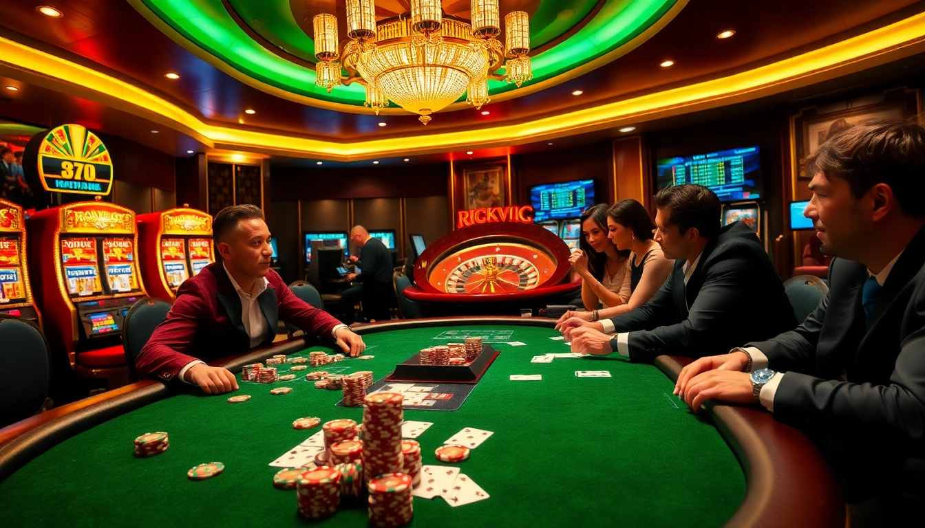 Experience the thrill of rikvip with vibrant poker chips and intense players at a luxurious casino table.