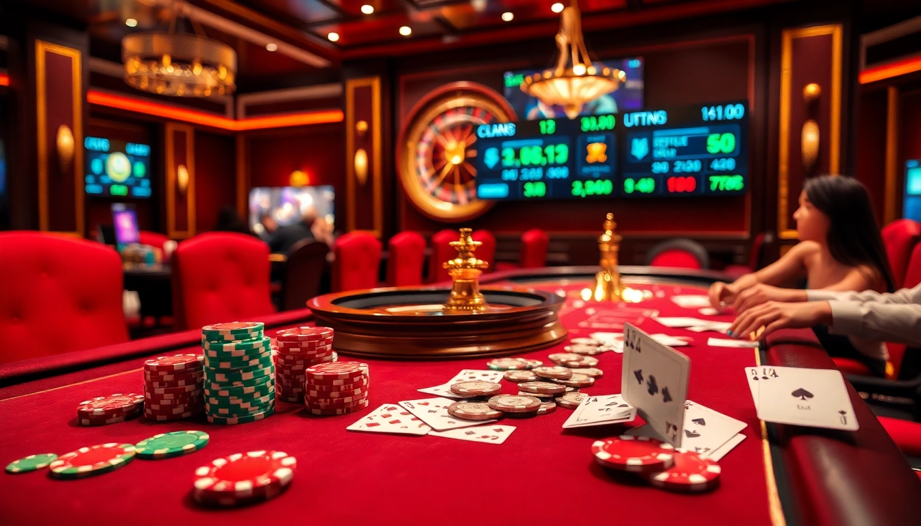 Players enjoying a thrilling game at a vibrant crypto casino table with poker chips.