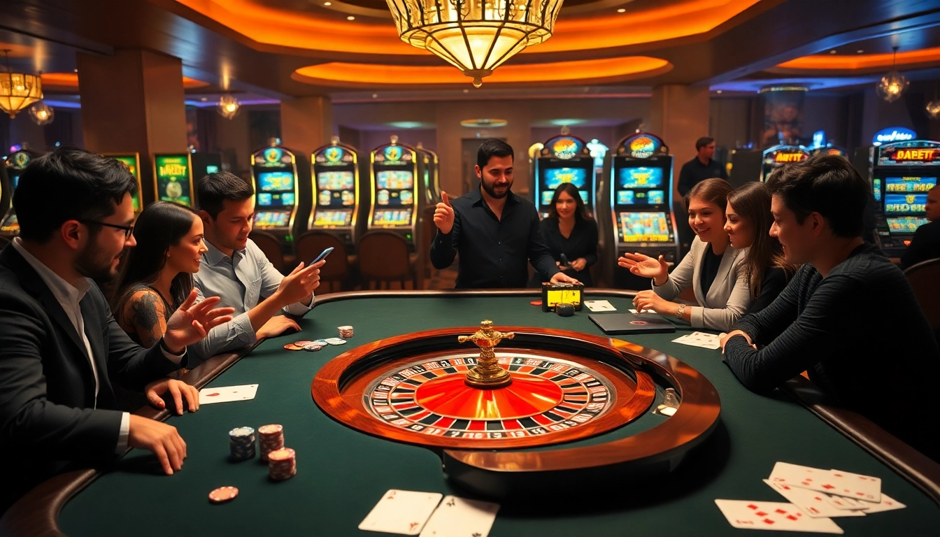 Dabet casino scene with vibrant roulette wheel and enthusiastic players enjoying a high-stakes game.