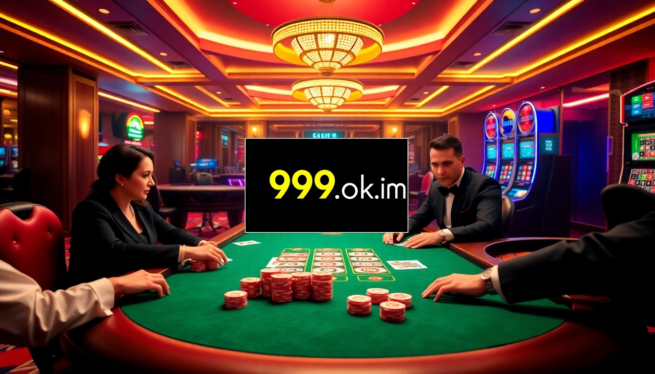 Players enjoy a thrilling game at https://99ok.co.im/, highlighting an exciting casino atmosphere with poker chips and cards.