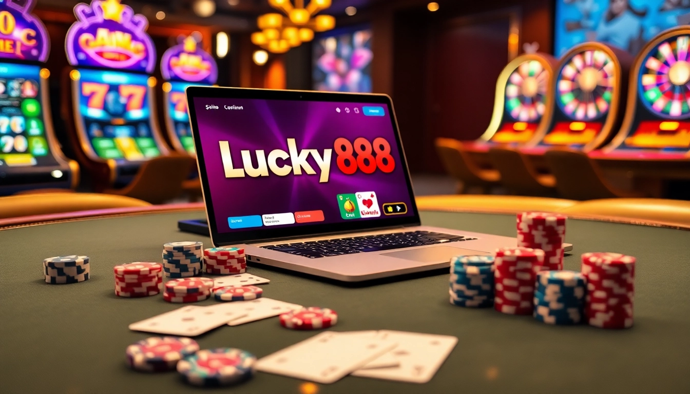 Gambling excitement at https://lucky88sss.com/ with poker chips and online casino table.