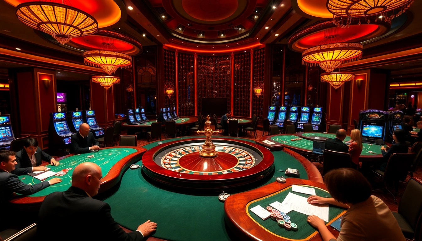 Exciting casino scene showcasing roulette and poker with players, inspired by https://debet66.com/ for an immersive experience.
