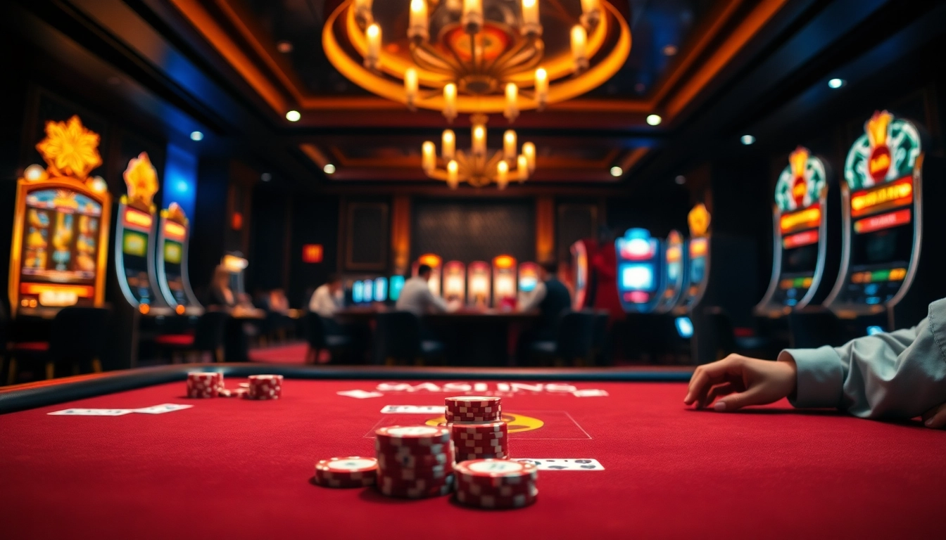 Jouez au casino en ligne dans une ambiance élégante, avec des tables de jeu et des lumières tamisées.