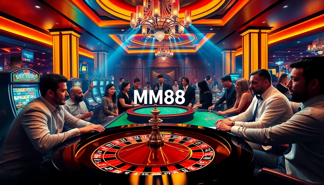MM88 casino scene with players at a roulette table and vibrant gaming interfaces.