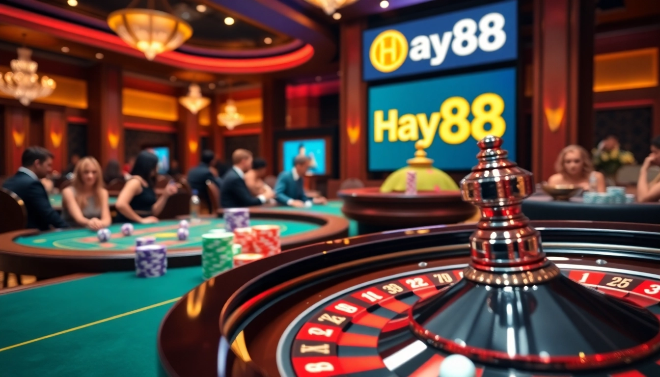 Players enjoying a thrilling moment at Hay88 casino with vibrant casino chips and a roulette wheel.