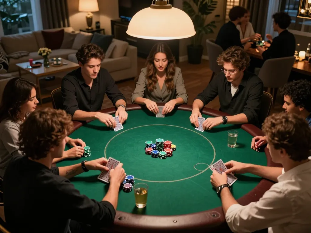 J88 players enthusiastically engaging in a friendly poker game at home with chips and cards.