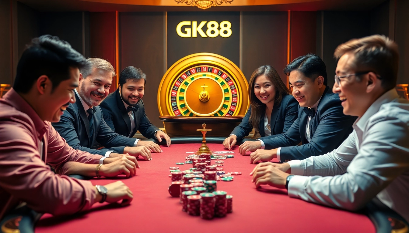 GK88 casino scene showcasing excited players at a poker table, vibrant colors, and a roulette wheel.