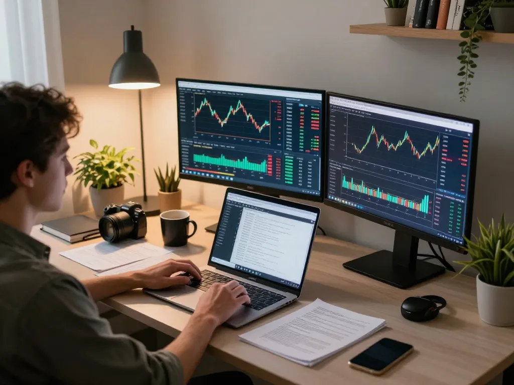 Engaging scene of fly88 forex trading in a modern home office with professional setup and trading charts visible.