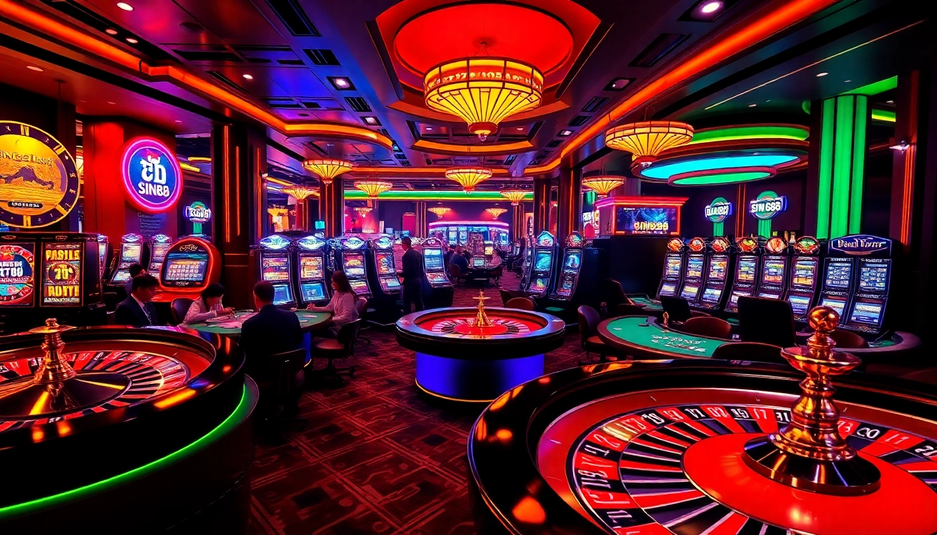 Experience the excitement at nhà cái sin88 with vibrant casino visuals featuring roulette wheels and slot machines.