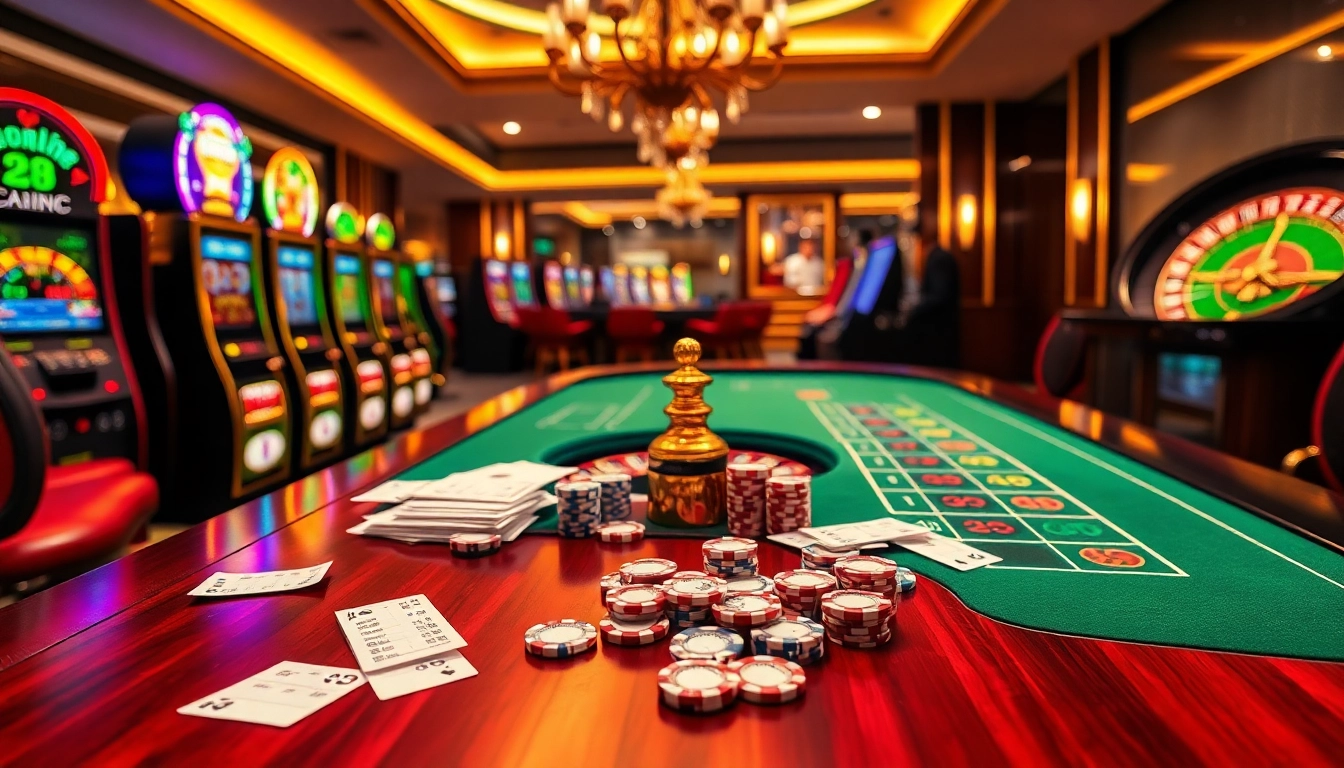 Experience vibrant online gambling action at nhà cái oxbet with colorful slot machines and elegant poker tables.