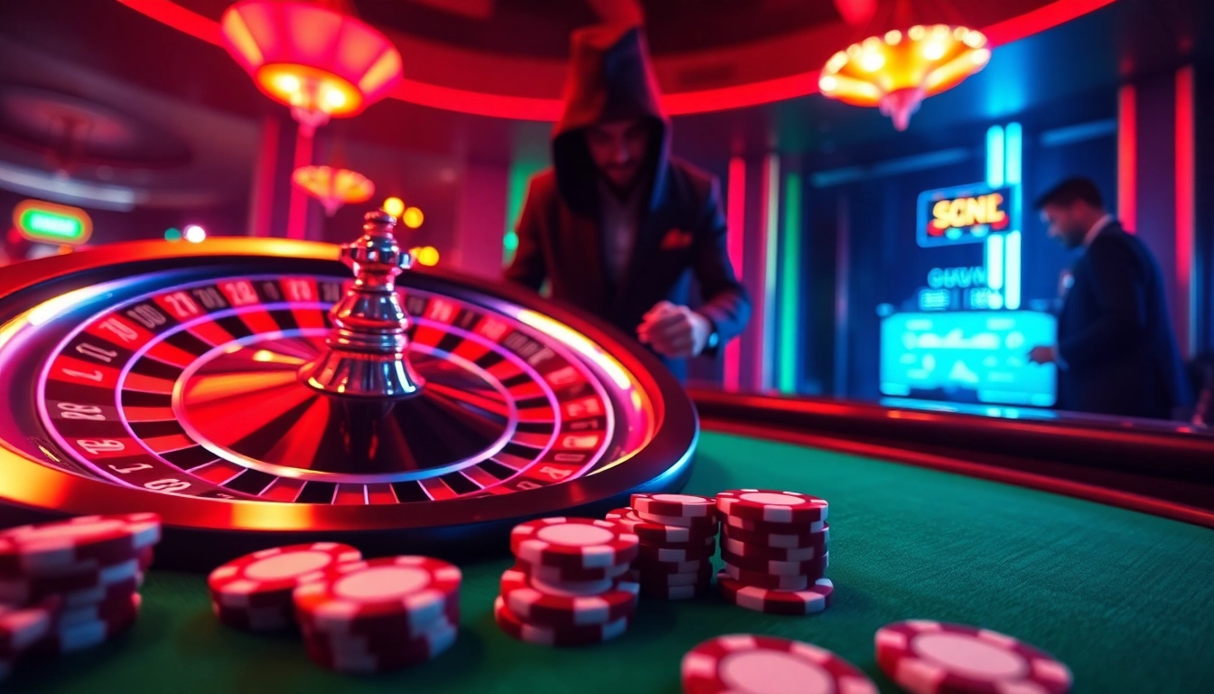 Découvrez le casino en ligne avec une roulette animée et des jetons de poker colorés.