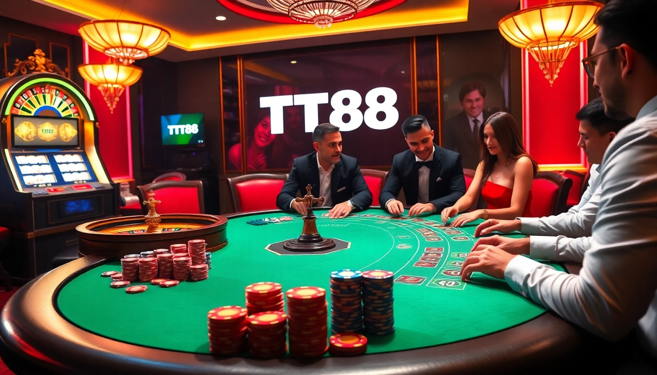 Exciting TT88 poker game setup with vibrant chips and sleek casino ambiance.