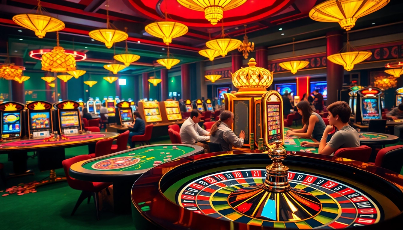 Experience the excitement of online gaming at Lode88 network with players engaged in thrilling action at a luxurious casino.