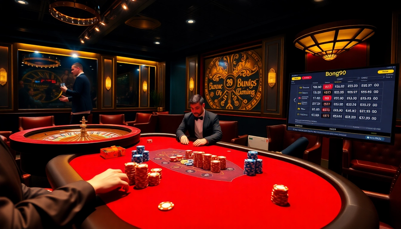 Bong99 players engaged in high-stakes poker at an elegant casino table with vibrant chips.