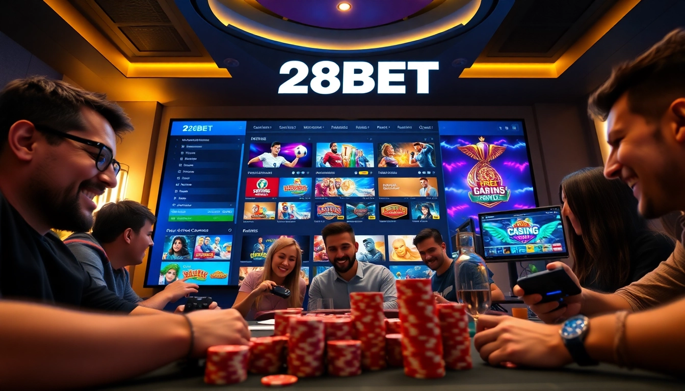 Engaging scene of online betting with 28BET showcasing vibrant games and excited players.