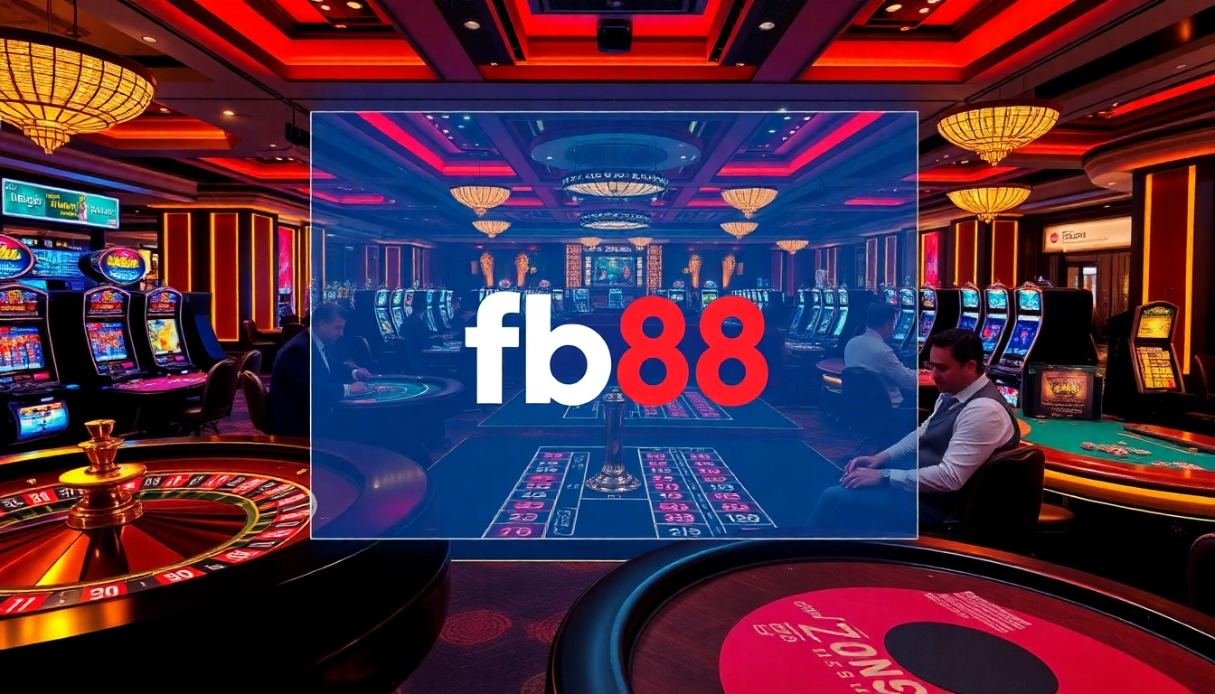 Exciting gaming scene showcasing nhà cái fb88 with players at a roulette wheel and poker table.