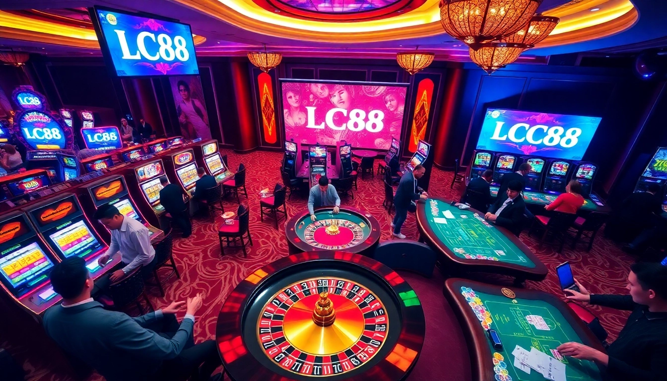 LC88 casino scene with vibrant slot machines and engaged gamblers at gaming tables.