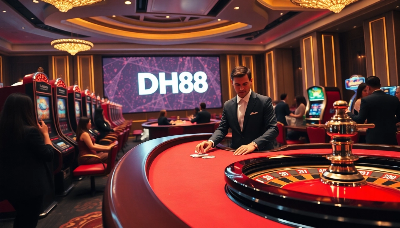Players engaging with DH88 casino games at a vibrant table, capturing the thrill of winning.
