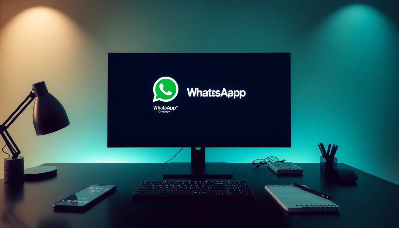 Professional workspace featuring WhatsApp网页版 on a desktop screen, with a smartphone and keyboard.