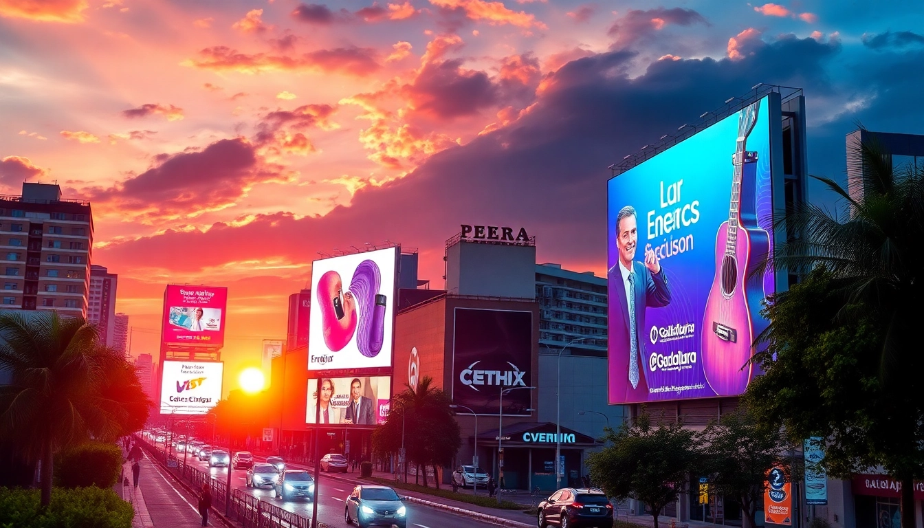 Renta de Espectaculares en Guadalajara con vibrantes carteles iluminando el horizonte de la ciudad.