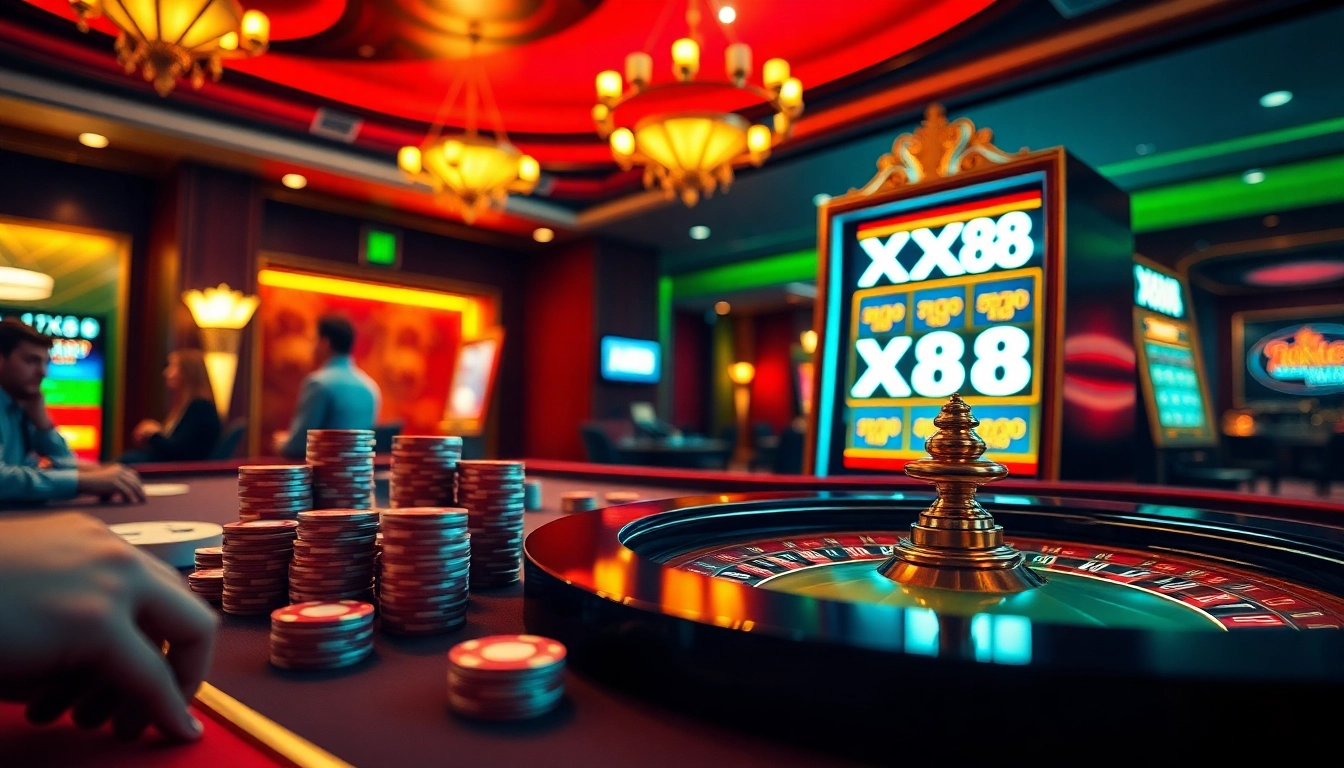Engaged players at a vibrant casino table featuring XX88 poker chips and a roulette wheel.