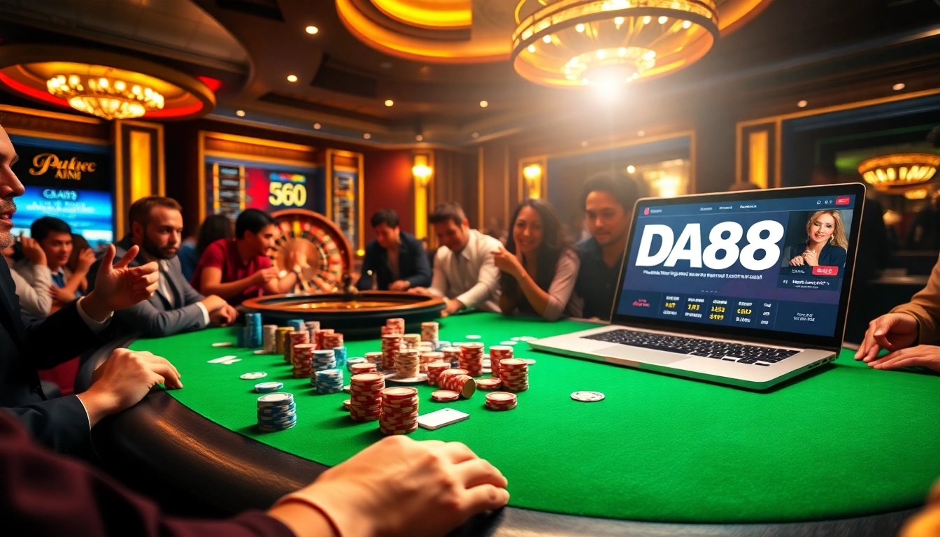 A thrilling poker game scene featuring players at a high-stakes table at nhà cái da88 with stacks of chips and playing cards.