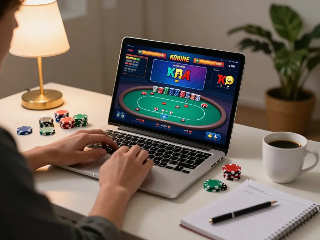 Player enjoying Go8 online casino game with vibrant poker interface and strategy notes.