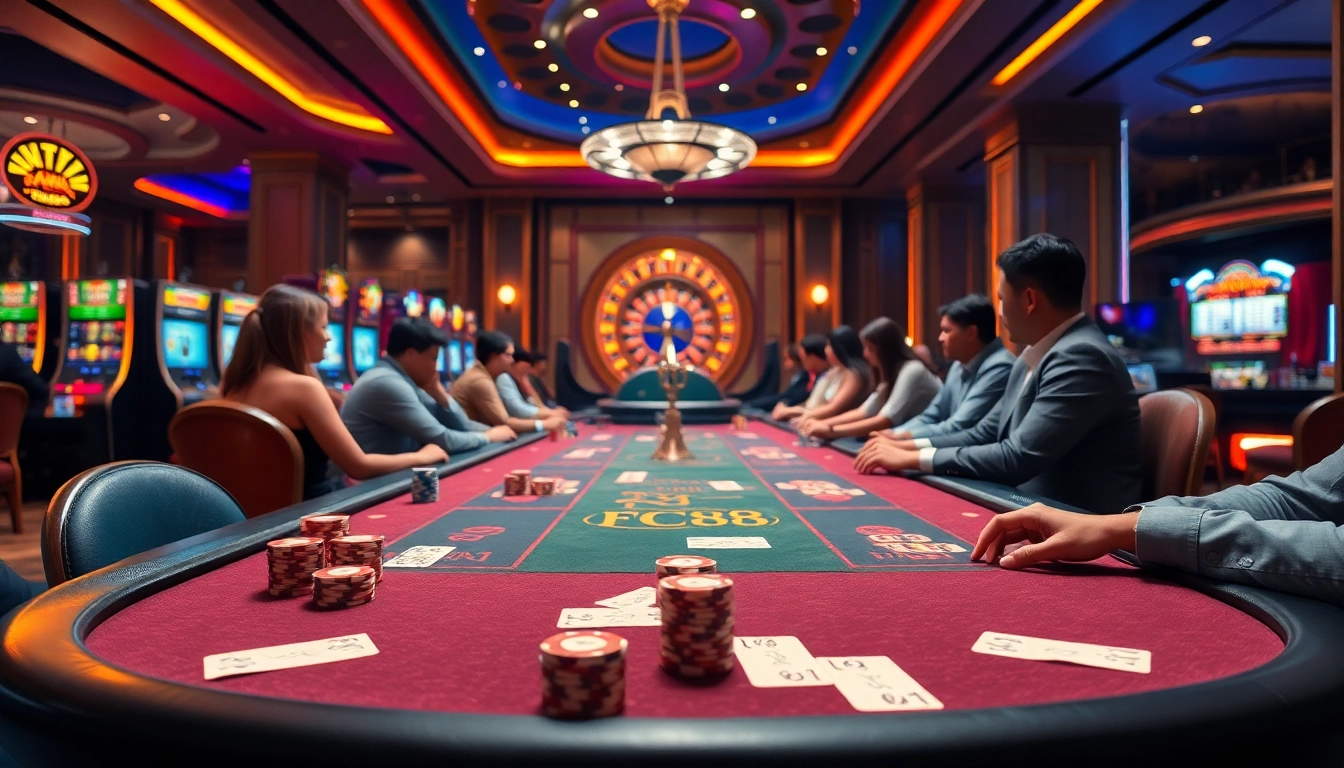 Excited players engaging at the luxurious nhà cái fc88 casino tables amidst vibrant gaming elements.