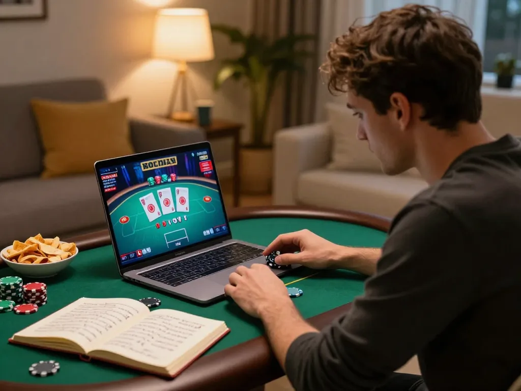 TA88 online poker player strategizing bets in a warm home setting with gaming notes.