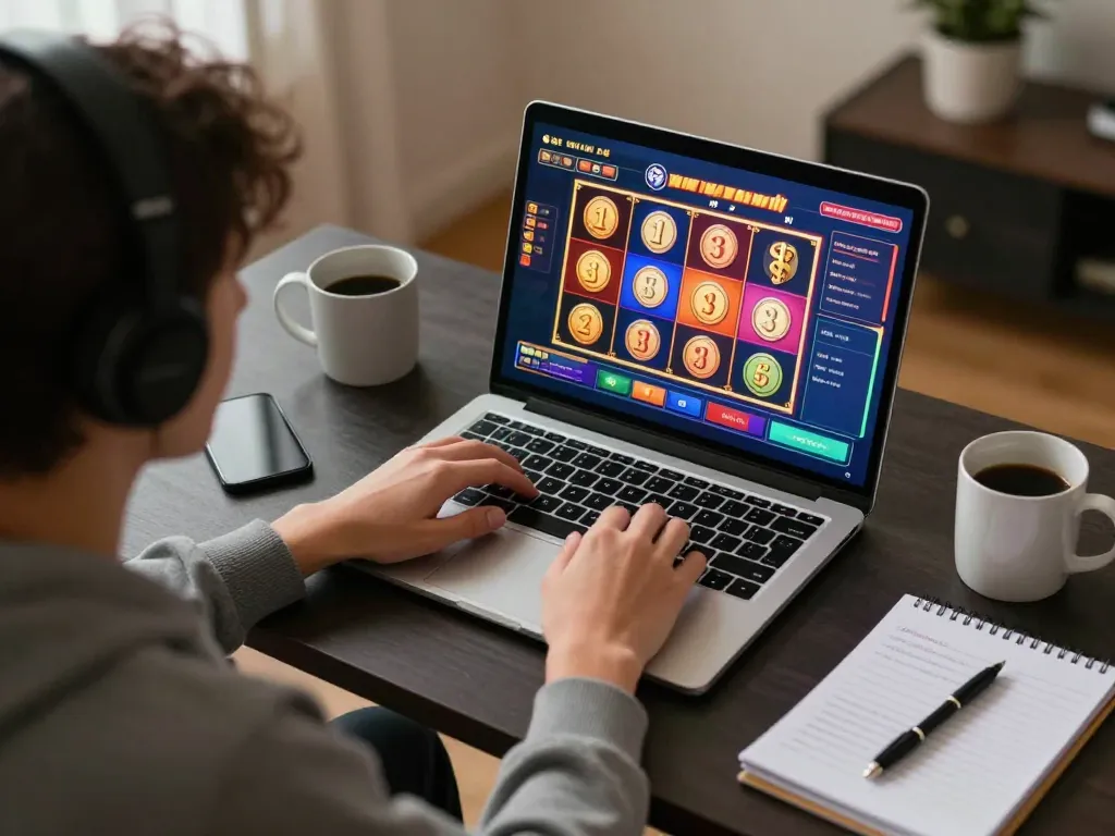 Excited player engaging with spin.aud online casino games on a cozy home setup