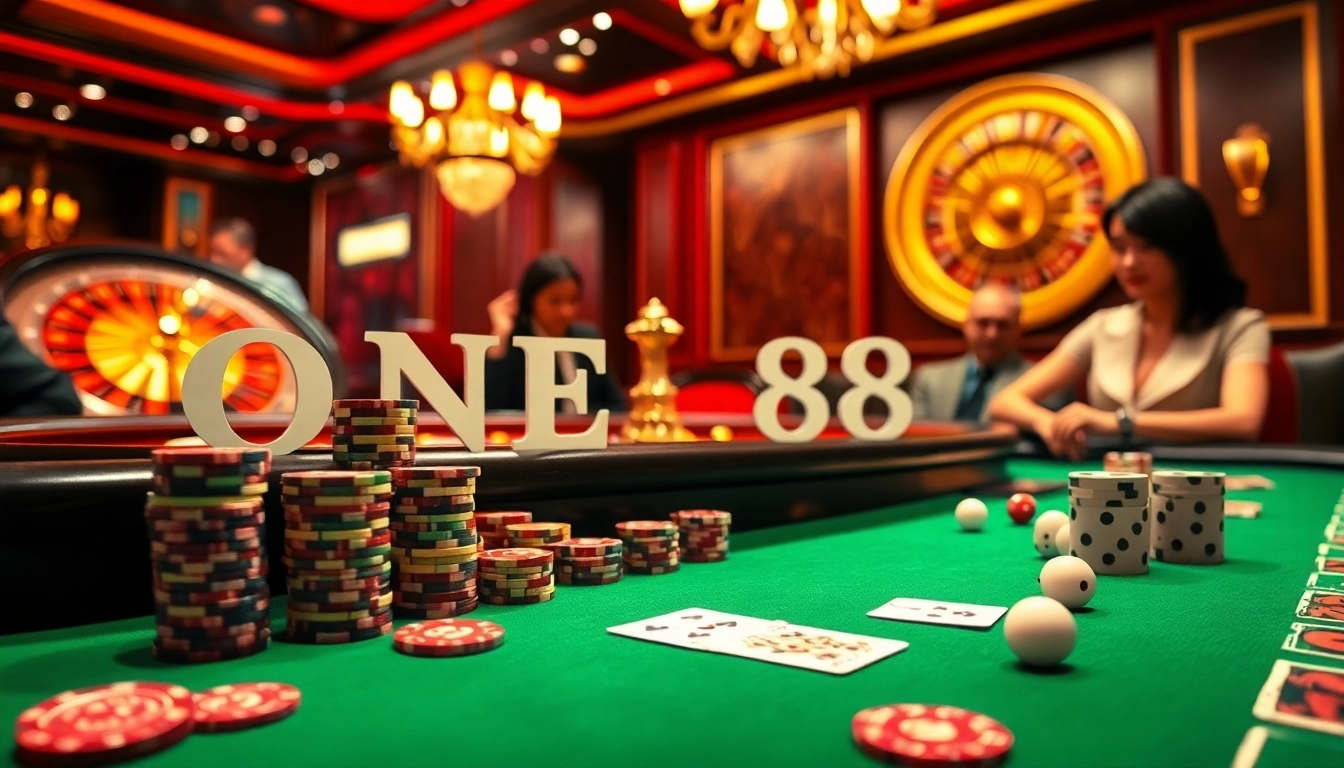 ONE 88 poker players strategizing at exquisite casino table with vibrant chips and cards.
