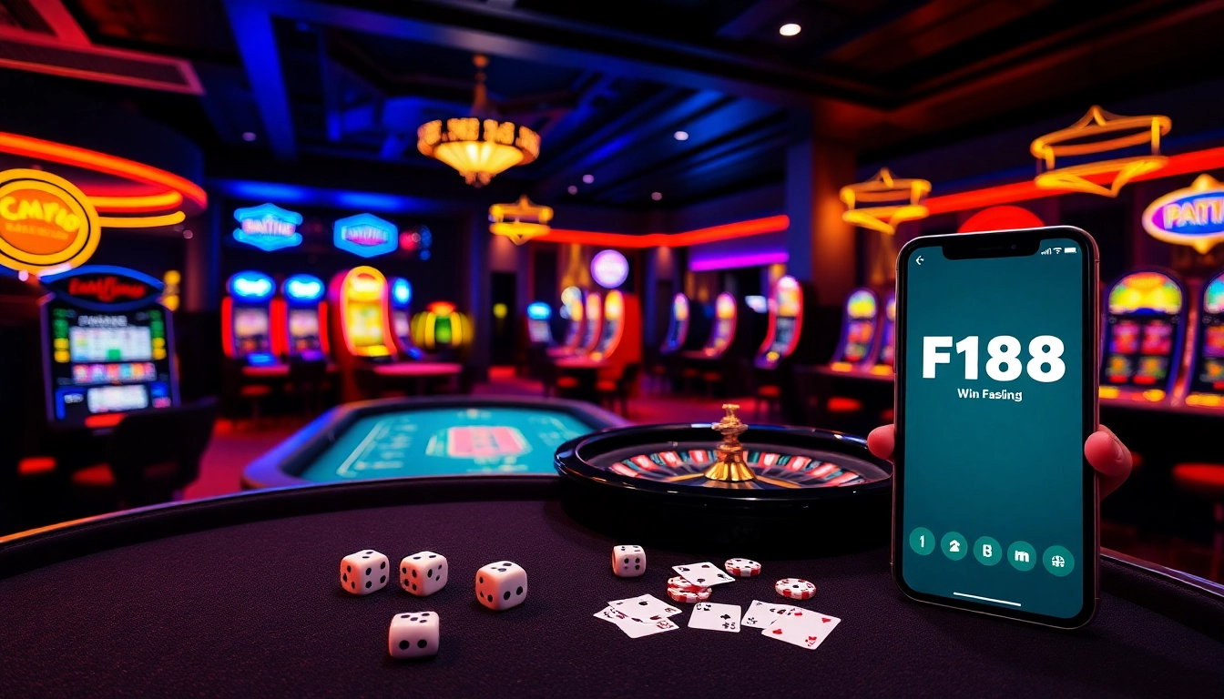 Players enjoying exciting games at F168 online casino with vibrant tables and slot machines.