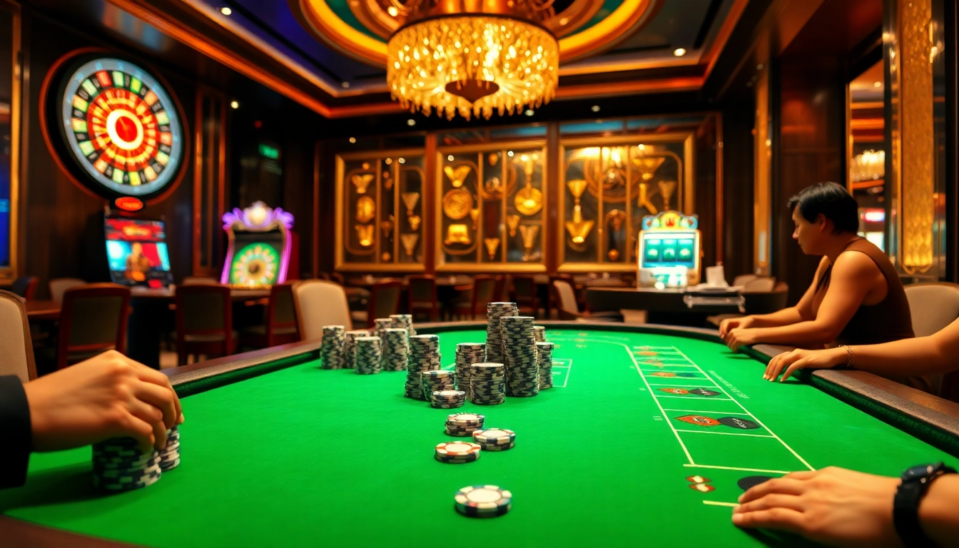 Players enjoying a high-stakes poker game at nhà cái oxbet in a luxurious casino setting.
